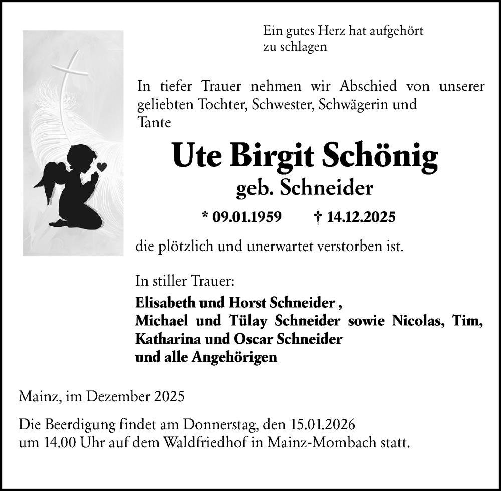  Traueranzeige für Ute Birgit Schönig vom 10.01.2026 aus Allgemeine Zeitung Mainz
