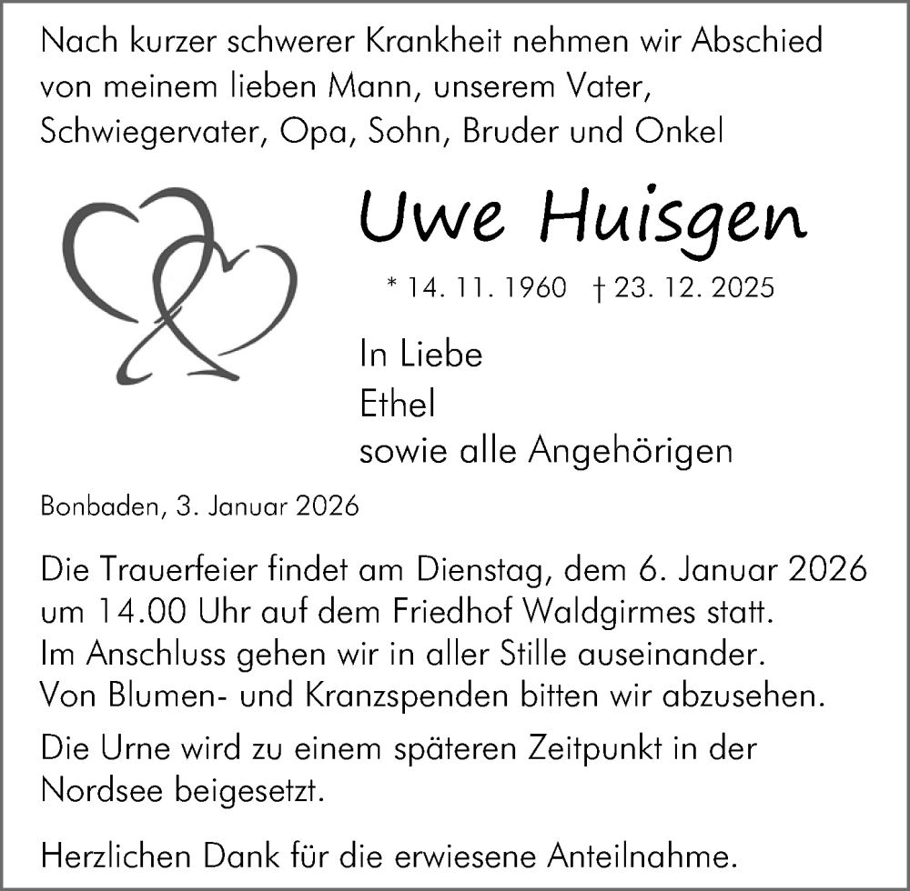  Traueranzeige für Uwe Huisgen vom 03.01.2026 aus Wetzlarer Neue Zeitung
