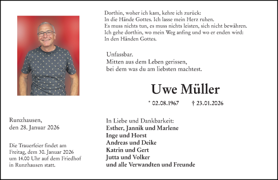 Traueranzeige von Uwe Müller von Hinterländer Anzeiger