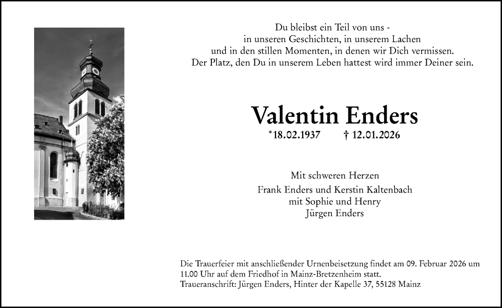  Traueranzeige für Valentin Enders vom 31.01.2026 aus Allgemeine Zeitung Mainz