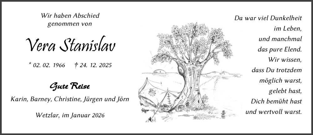  Traueranzeige für Vera Stanislav vom 31.01.2026 aus Wetzlarer Neue Zeitung