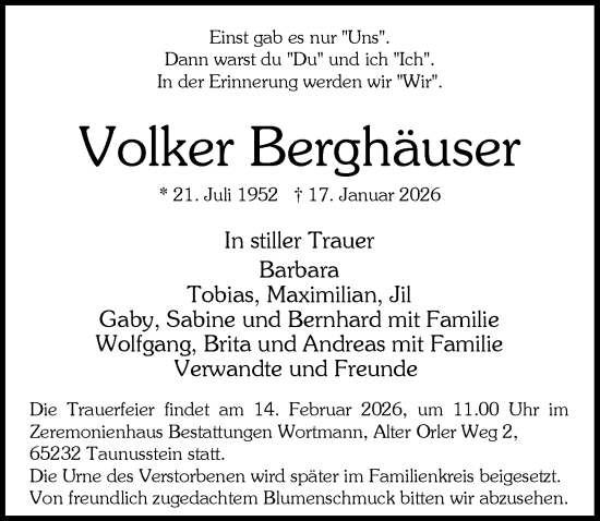 Traueranzeige von Volker Berghäuser von Rheingau-Taunus-Kreis Wochenblatt