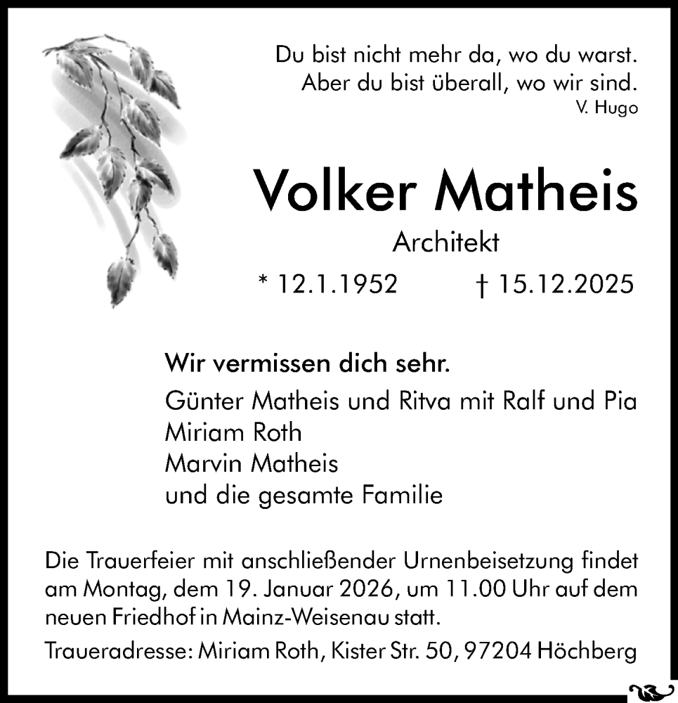  Traueranzeige für Volker Matheis vom 03.01.2026 aus Allgemeine Zeitung Mainz
