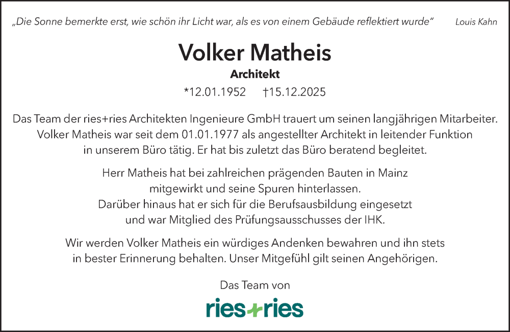  Traueranzeige für Volker Matheis vom 03.01.2026 aus Allgemeine Zeitung Mainz