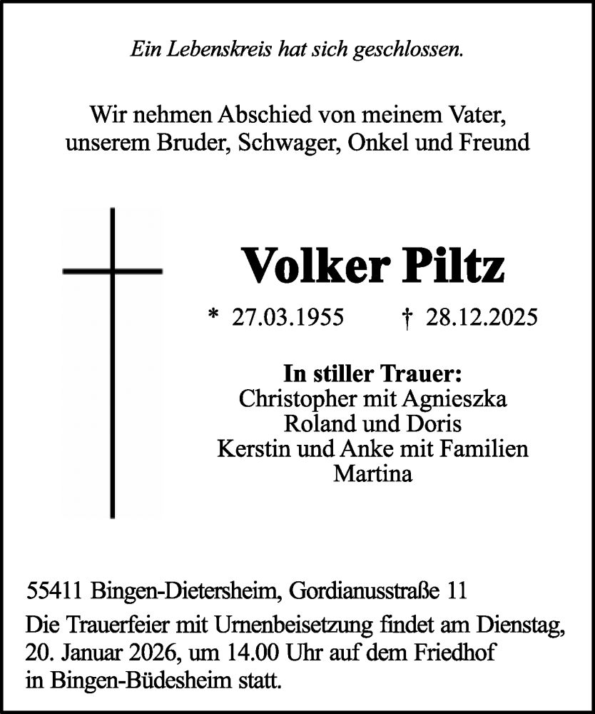  Traueranzeige für Volker Piltz vom 17.01.2026 aus Allgemeine Zeitung Rheinhessen-Nahe
