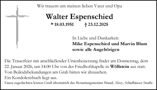 Traueranzeige von Walter Espenschied von Allgemeine Zeitung Alzey