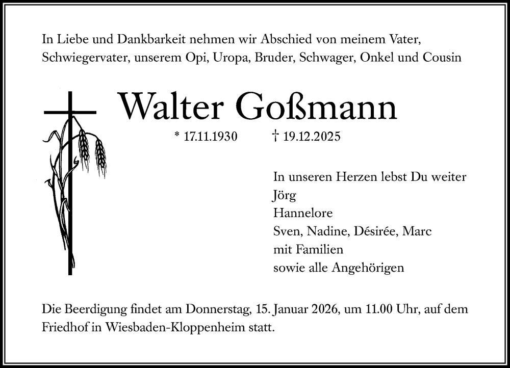  Traueranzeige für Walter Goßmann vom 14.01.2026 aus Wiesbadener Kurier