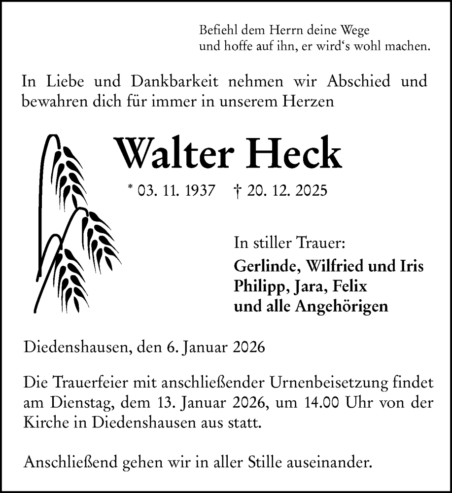  Traueranzeige für Walter Heck vom 06.01.2026 aus Hinterländer Anzeiger