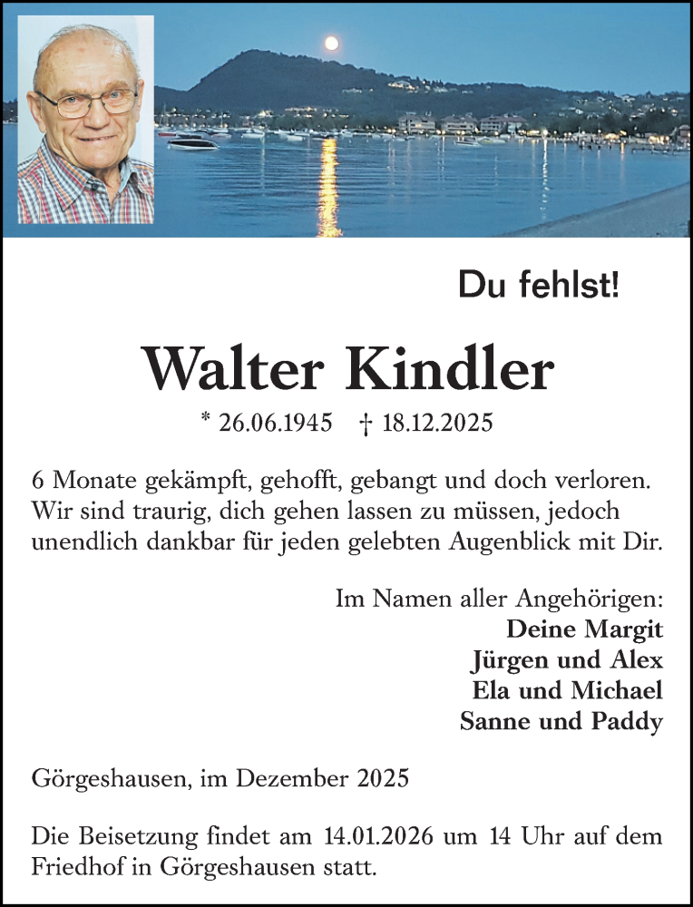  Traueranzeige für Walter Kindler vom 03.01.2026 aus Nassauische Neue Presse