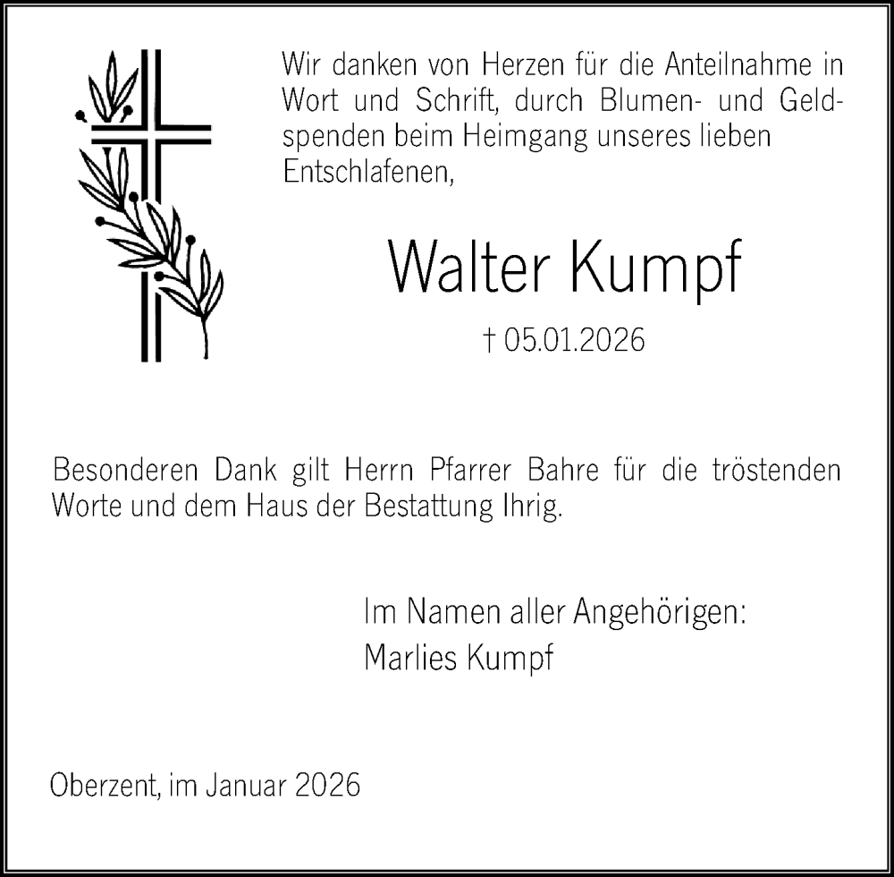  Traueranzeige für Walter Kumpf vom 31.01.2026 aus Odenwälder Echo