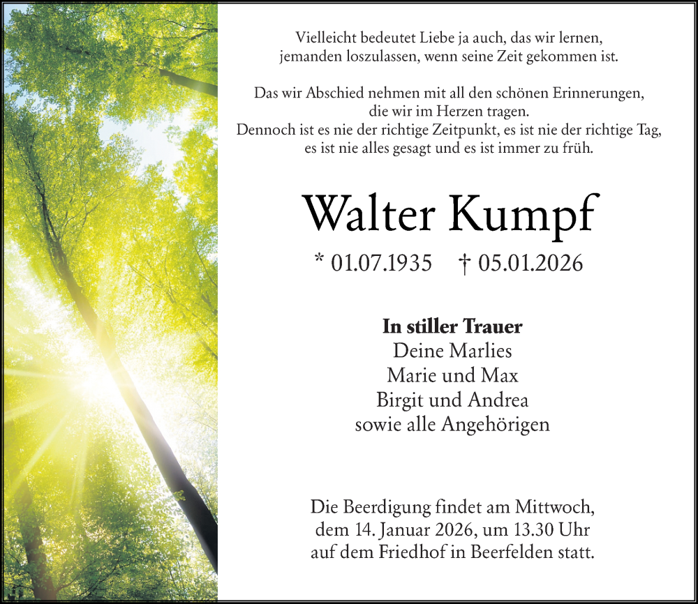  Traueranzeige für Walter Kumpf vom 10.01.2026 aus Odenwälder Echo