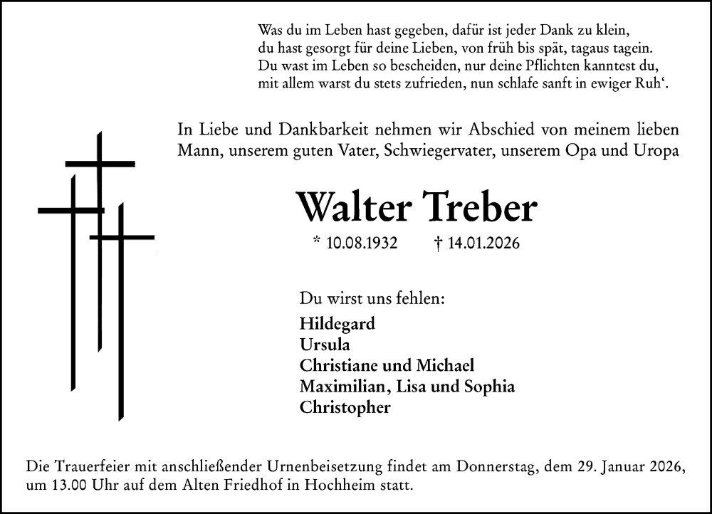  Traueranzeige für Walter Treber vom 23.01.2026 aus Hochheimer Zeitung