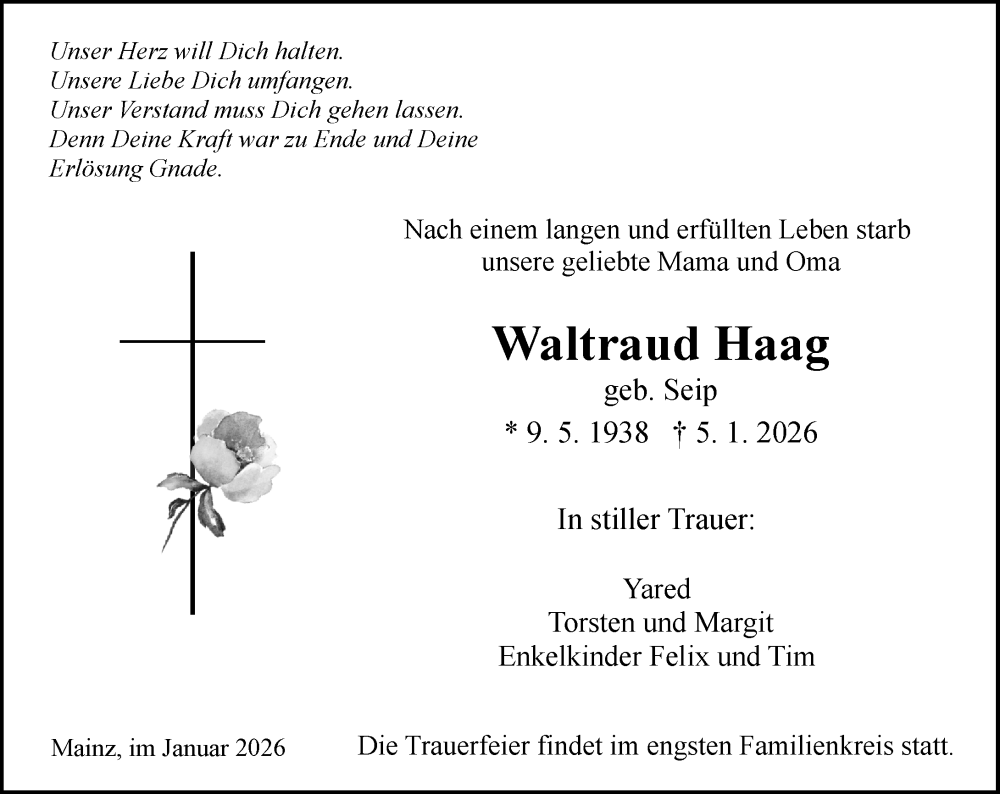  Traueranzeige für Waltraud Haag vom 10.01.2026 aus Allgemeine Zeitung Mainz