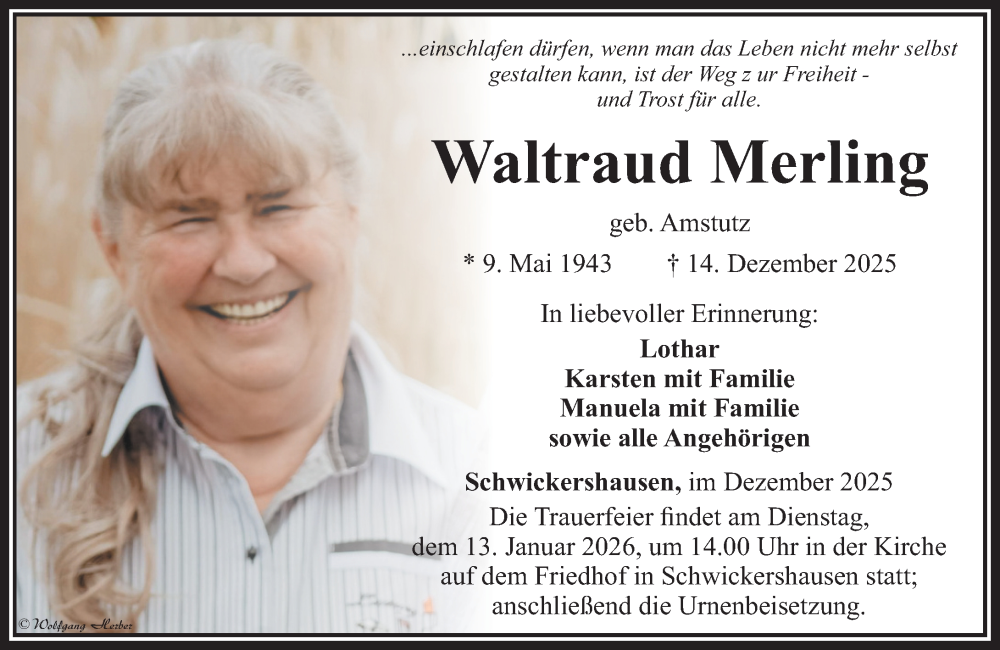  Traueranzeige für Waltraud Merling vom 02.01.2026 aus Camberger Anzeiger
