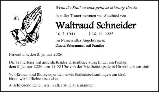 Traueranzeige von Waltraud Schneider von Dill Block