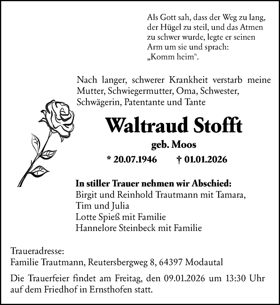  Traueranzeige für Waltraud Stofft vom 07.01.2026 aus Darmstädter Echo