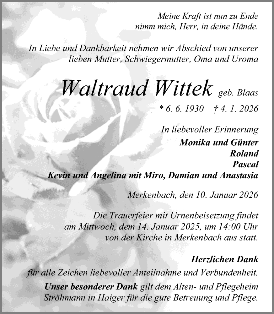  Traueranzeige für Waltraud Wittek vom 10.01.2026 aus Dill Block