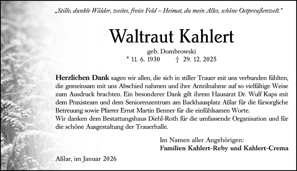  Traueranzeige für Waltraut Kahlert vom 31.01.2026 aus Wetzlarer Neue Zeitung