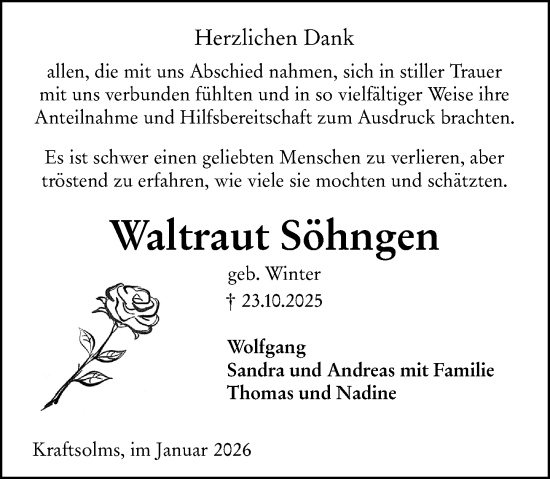 Traueranzeige von Waltraut Söhngen von Wetzlarer Neue Zeitung