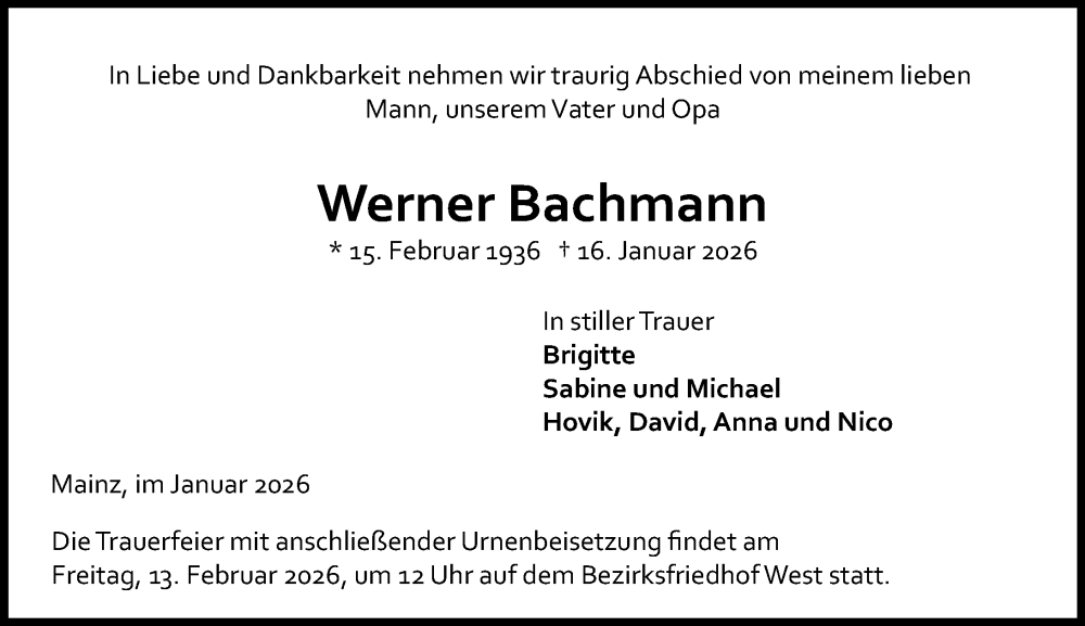  Traueranzeige für Werner Bachmann vom 31.01.2026 aus Allgemeine Zeitung Mainz