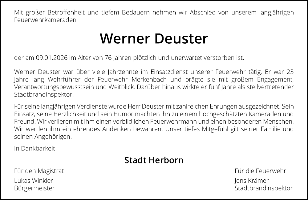  Traueranzeige für Werner Deuster vom 21.01.2026 aus Dill Block