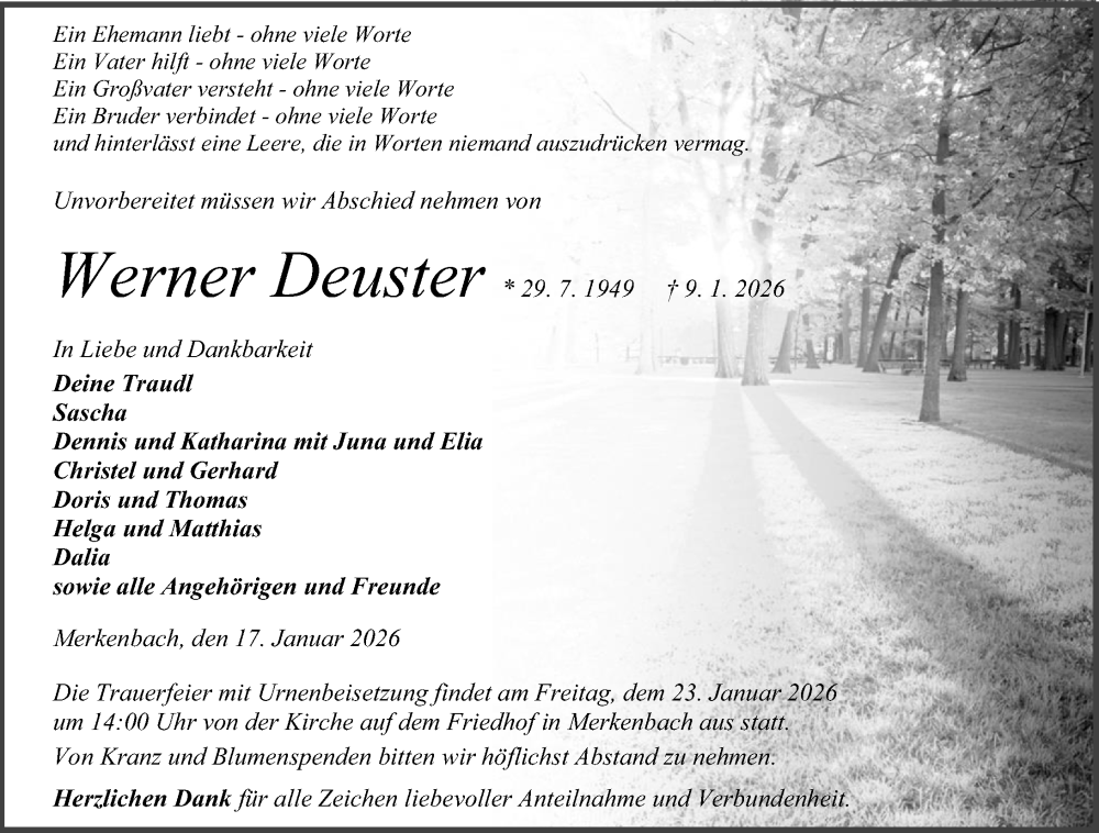  Traueranzeige für Werner Deuster vom 17.01.2026 aus Dill Block
