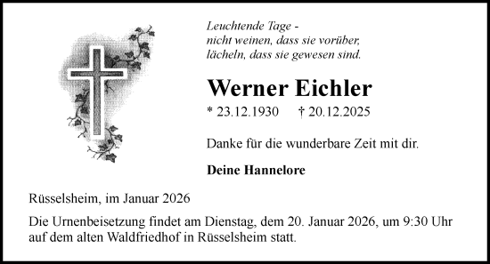 Traueranzeige von Werner Eichler von Rüsselsheimer Echo