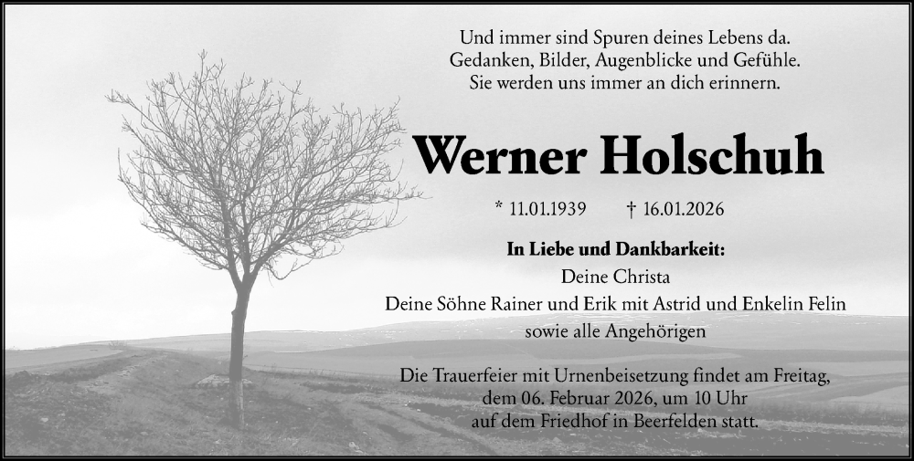  Traueranzeige für Werner Holschuh vom 24.01.2026 aus Odenwälder Echo
