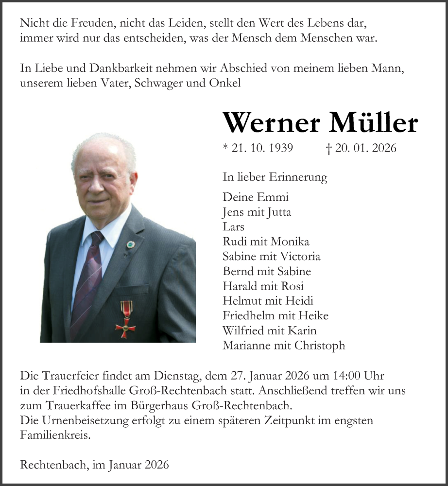  Traueranzeige für Werner Müller vom 24.01.2026 aus Wetzlarer Neue Zeitung