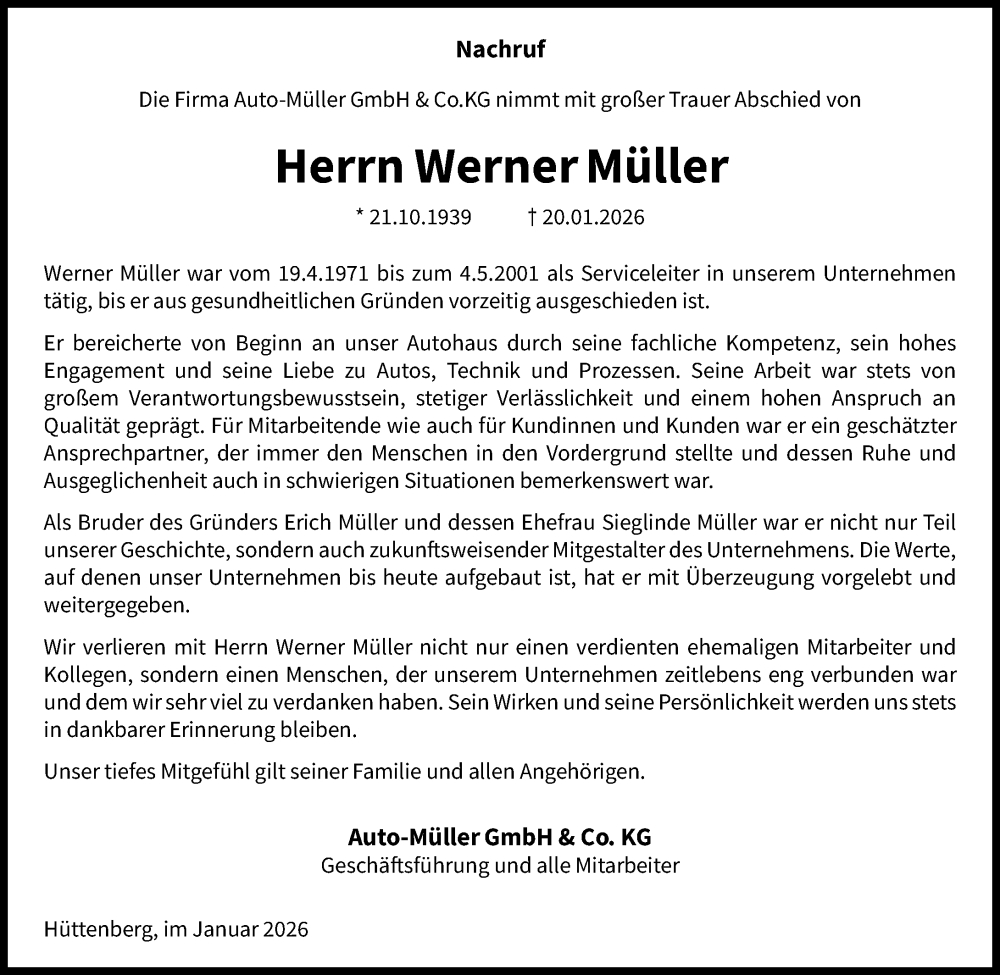  Traueranzeige für Werner Müller vom 31.01.2026 aus Wetzlarer Neue Zeitung