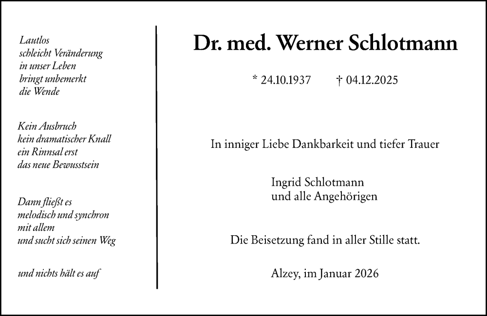  Traueranzeige für Werner Schlotmann vom 31.01.2026 aus Wiesbadener Kurier