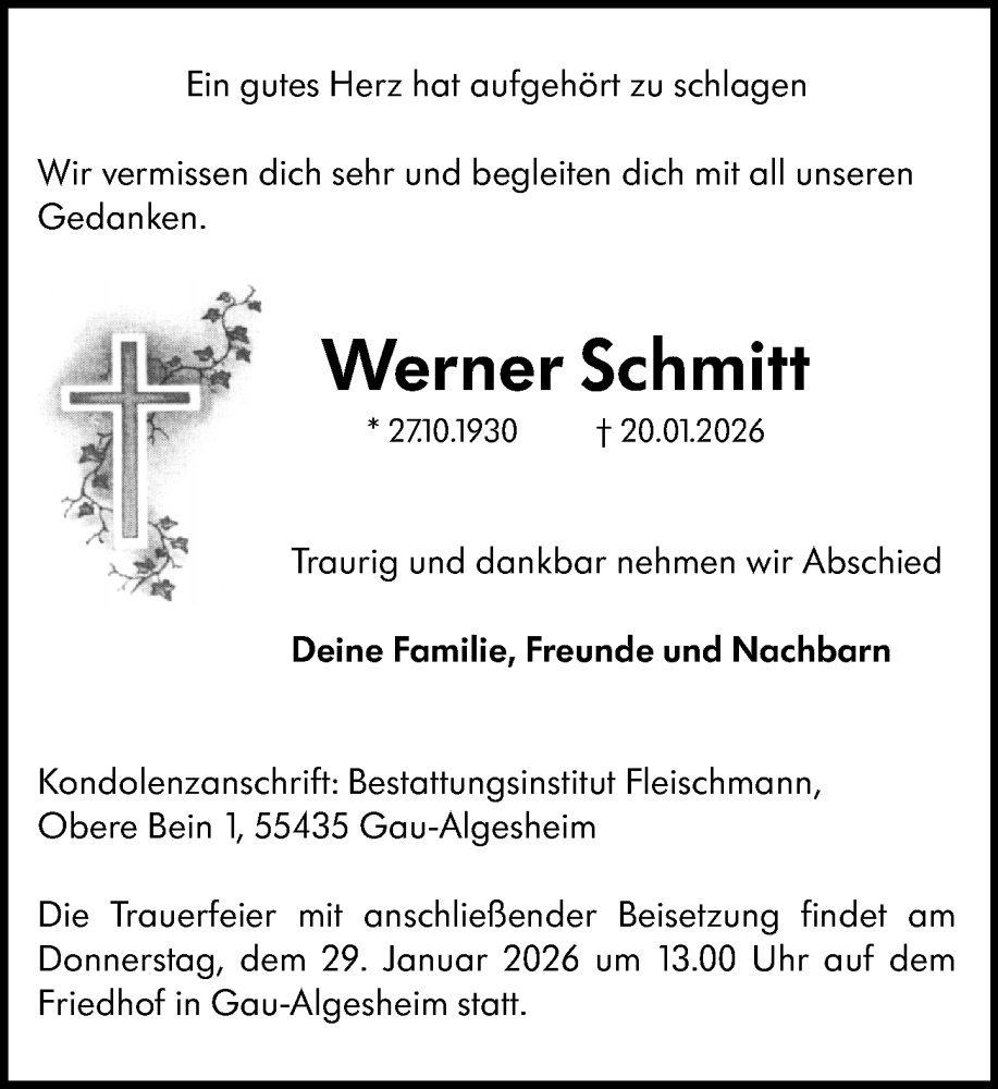 Traueranzeige für Werner Schmitt vom 24.01.2026 aus Allgemeine Zeitung Rheinhessen-Nahe