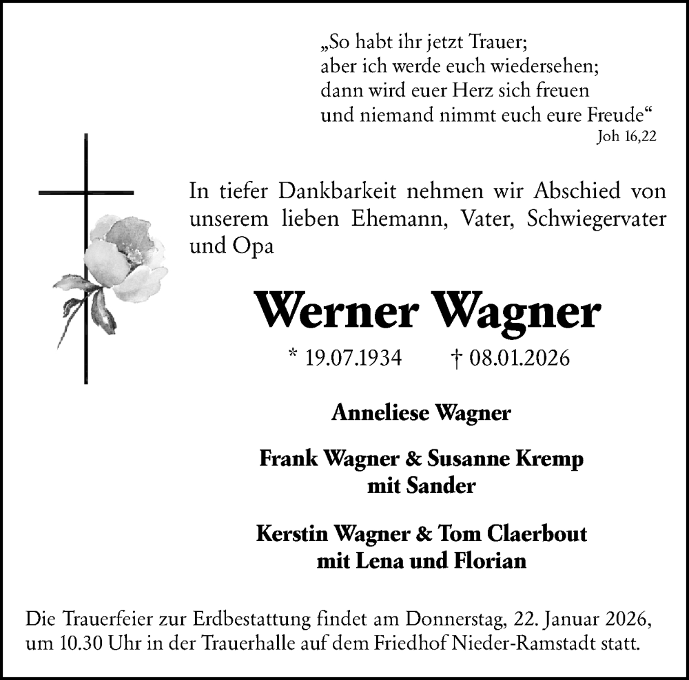  Traueranzeige für Werner Wagner vom 17.01.2026 aus Darmstädter Echo