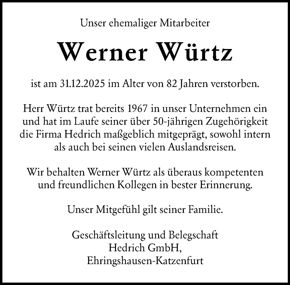  Traueranzeige für Werner Würtz vom 28.01.2026 aus Wetzlarer Neue Zeitung