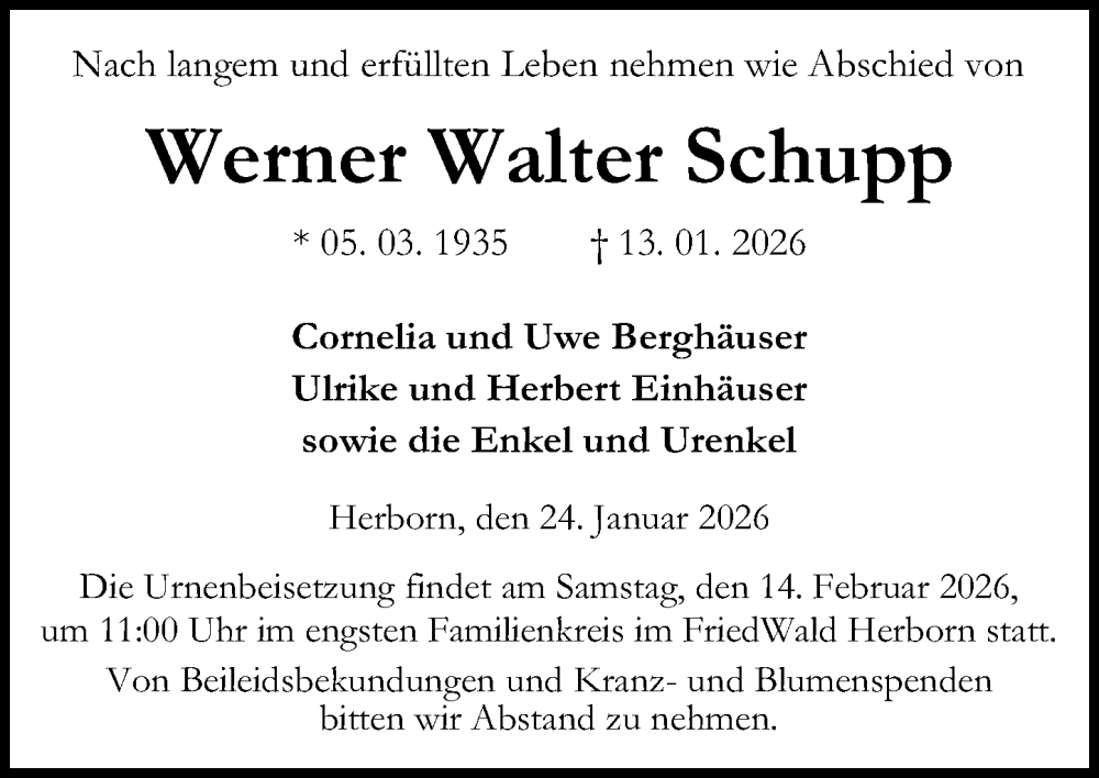  Traueranzeige für Werner Walter Schupp vom 24.01.2026 aus Dill Block