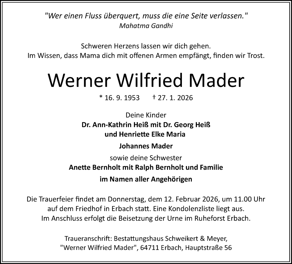  Traueranzeige für Werner Wilfried Mader vom 31.01.2026 aus Odenwälder Echo