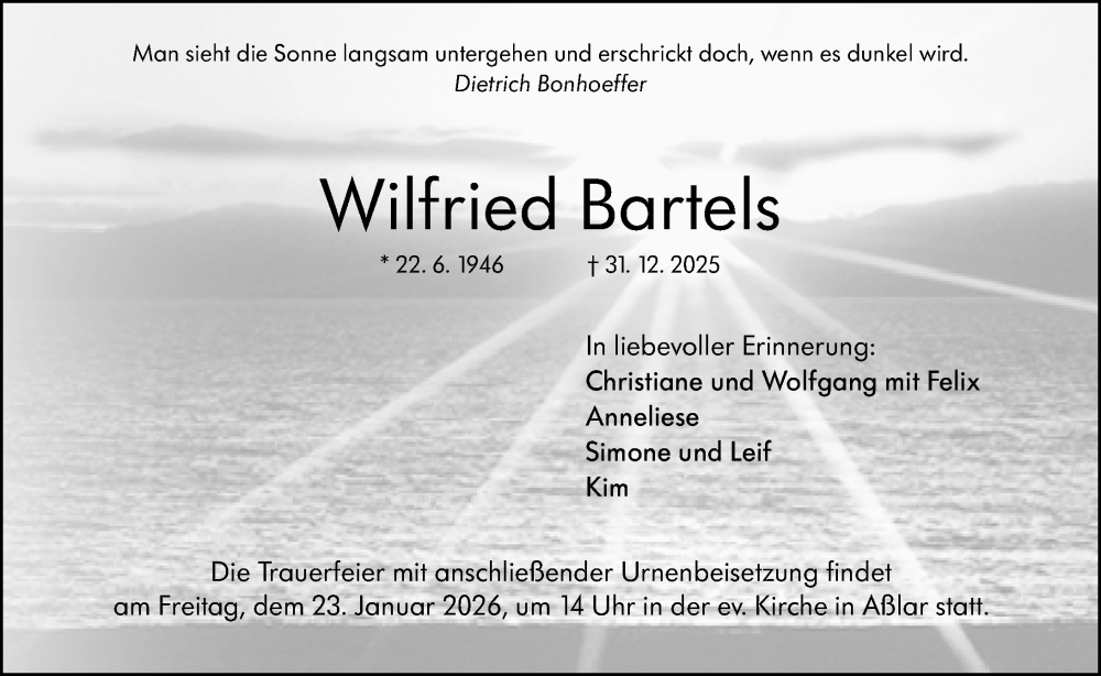  Traueranzeige für Wilfried Bartels vom 17.01.2026 aus Wetzlarer Neue Zeitung