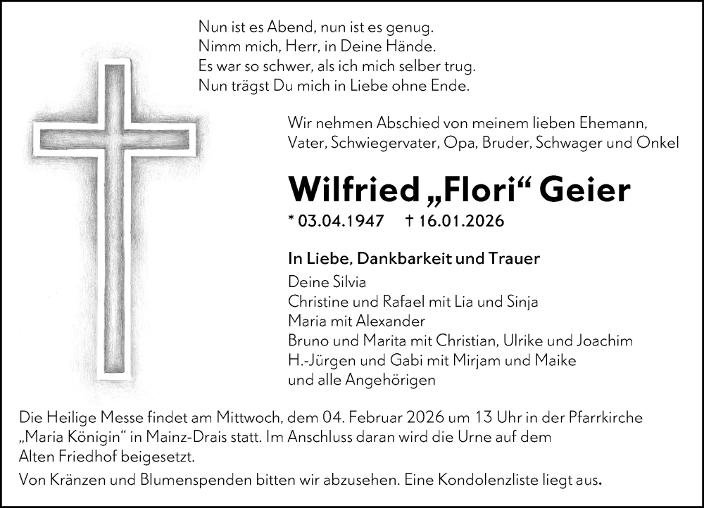  Traueranzeige für Wilfried Geier vom 24.01.2026 aus Allgemeine Zeitung Mainz