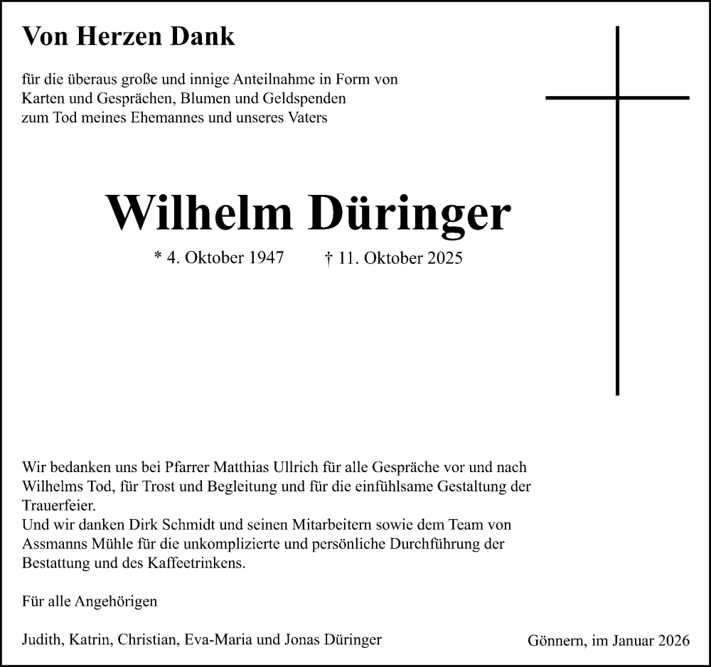  Traueranzeige für Wilhelm Düringer vom 03.01.2026 aus Hinterländer Anzeiger