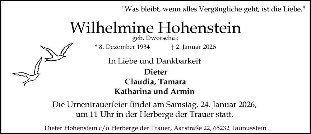  Traueranzeige für Wilhelmine Hohenstein vom 17.01.2026 aus Wiesbadener Kurier
