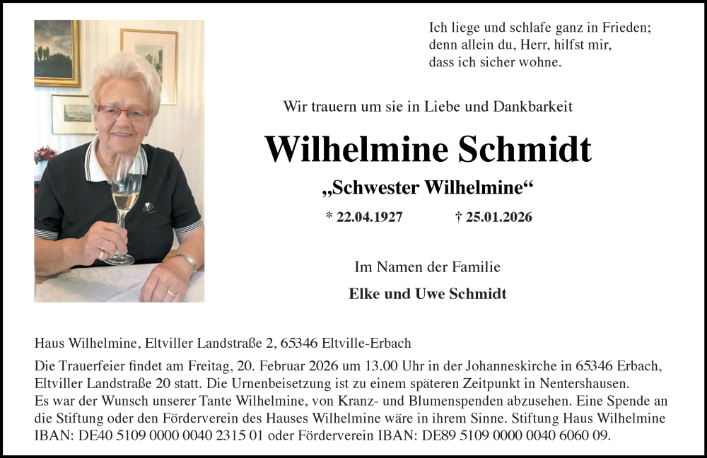  Traueranzeige für Wilhelmine Schmidt vom 31.01.2026 aus Wiesbadener Kurier