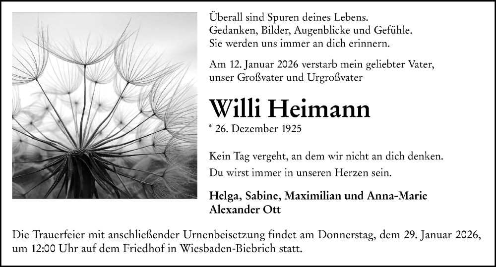  Traueranzeige für Willi Heimann vom 24.01.2026 aus Wiesbadener Kurier
