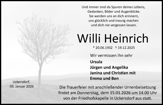 Traueranzeige von Willi Heinrich von Dill Block