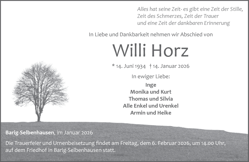  Traueranzeige für Willi Horz vom 31.01.2026 aus Weilburger Tageblatt