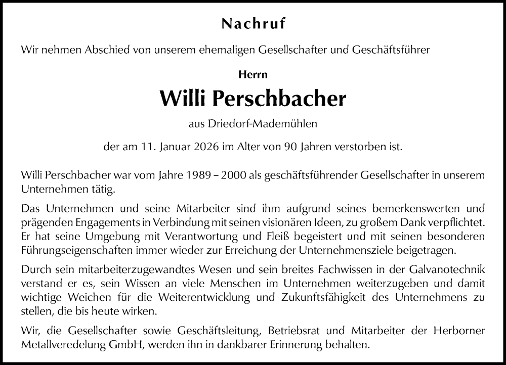  Traueranzeige für Willi Perschbacher vom 28.01.2026 aus Wetzlarer Neue Zeitung