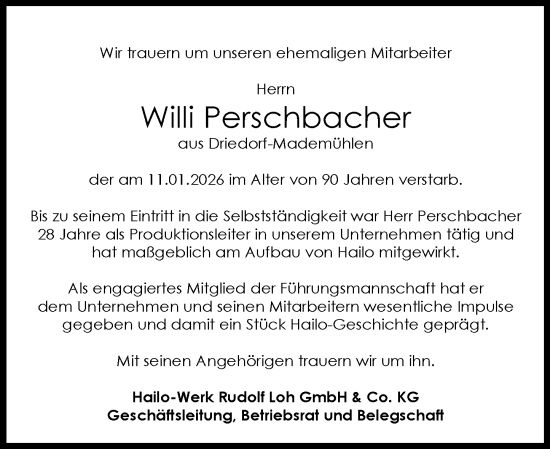 Traueranzeige von Willi Perschbacher von Dill Block