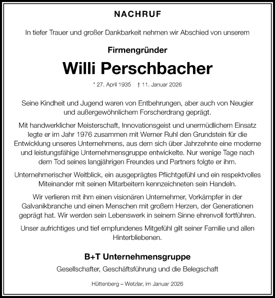 Traueranzeige von Willi Perschbacher von Dill Block