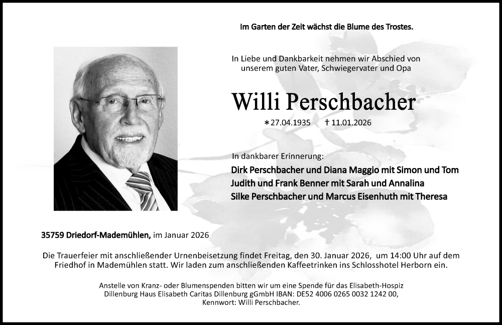  Traueranzeige für Willi Perschbacher vom 24.01.2026 aus Dill Block