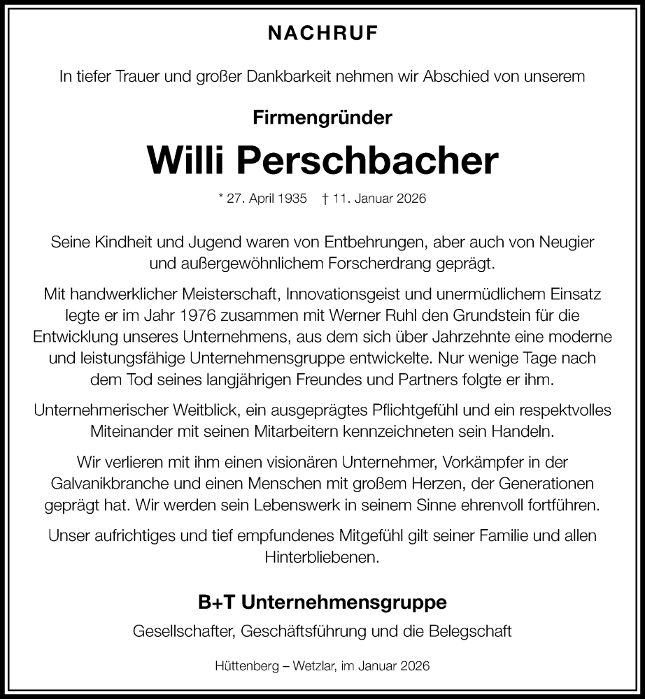  Traueranzeige für Willi Perschbacher vom 24.01.2026 aus Dill Block