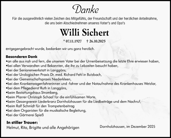 Traueranzeige von Willi Sichert von Wetzlarer Neue Zeitung